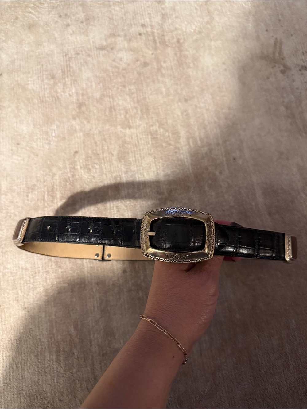 Brighton Black Croc-Embossed Belt with Gold Buckle
